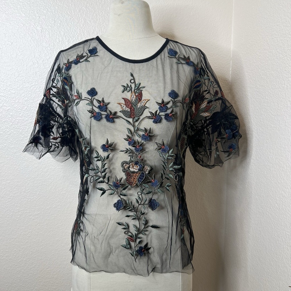 Dalia Black Sheer Embroidered Top Womens Medium Whimsigoth Fairy Grunge Witchy